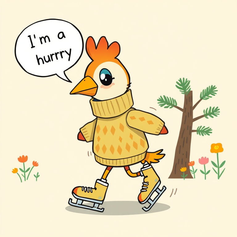 Create a vibrant and whimsical illustration of a cartoonish creature with a bird-like head, wearing a sweater and rolling on roller skates, depicted in a hurry with a speech bubble saying "I'm in a hurry," set against a simple backdrop featuring a pine tree and flowers, use a Canon EOS R5, 50mm lens, aperture f/2.8, ISO 100, and a bright daylight setting for enhanced color saturation and detail.