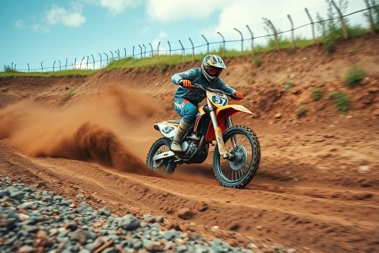 Capture a motocross racer navigating a muddy hill at high speed, using a fast shutter speed of 1/500s, aperture f/4, ISO 400, shot from a low angle to emphasize motion and dirt spray, taken with a DSLR camera in burst mode.