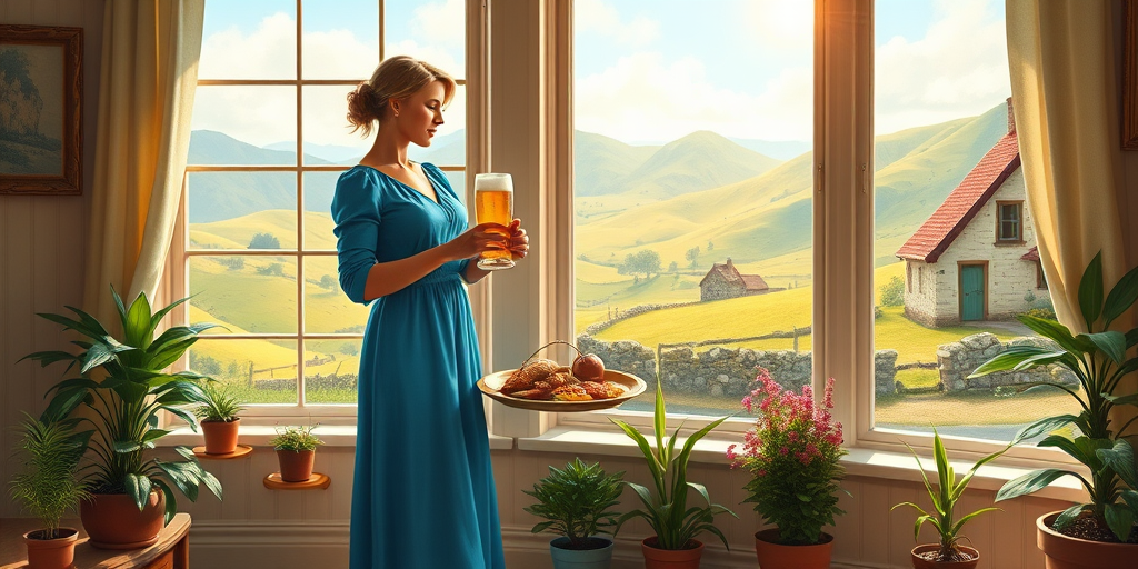 In "A Glass of Beer on the Highland," a serene scene is depicted in a sunlit room where a woman in a vibrant blue dress stands by a large window. She holds a tray with a hearty meal and a frothy glass of beer, embodying a moment of relaxation. Outside, the breathtaking highland landscape features rolling green hills and a charming traditional house, all bathed in warm afternoon light. The interior is adorned with potted plants, creating a harmonious blend of comfort and nature. The painting beautifully captures the tranquility and joy found in simple pleasures amidst stunning scenery