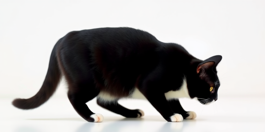 neutral background, with its body low to the ground, diffused light catches the curve of its back and the crisp contrast of its white chest, Imagine a black cat with a crisp white chest standing attentively on a smooth, Imagine a distinguished black cat, light-toned floor, contrasting sharply against its dark coat. The ears are perked up, white background