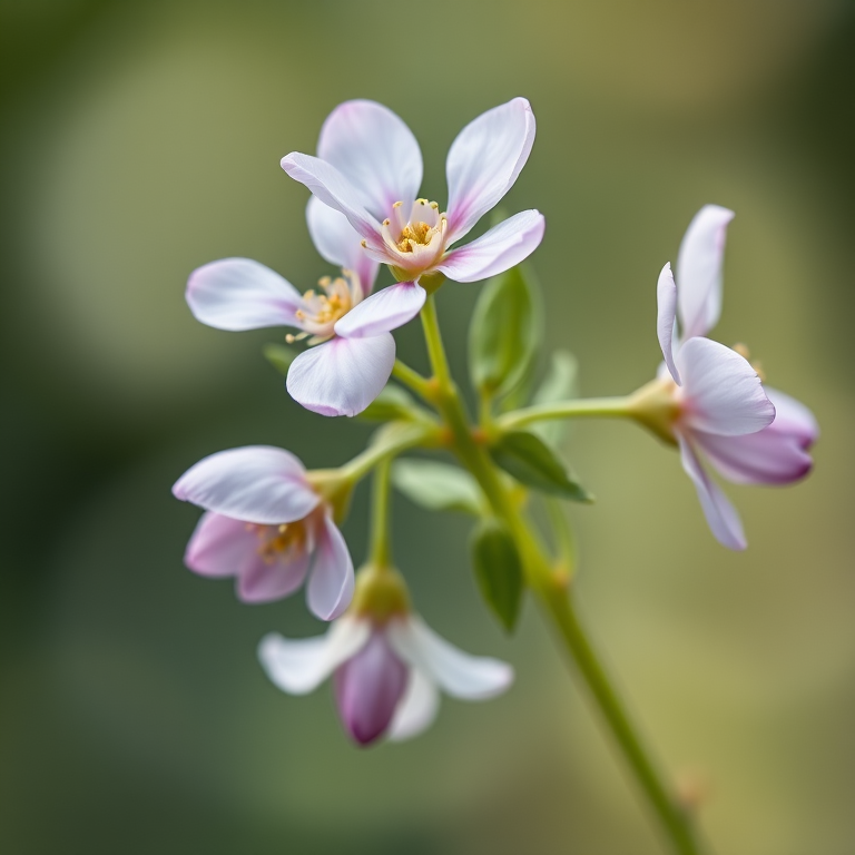 A close-up shot of a delicate flower stem featuring four flowers with soft petals and prominent leaves, shot with a Canon EOS R5 at f/2.8, ISO 100, 1/200 sec, with natural light and a shallow depth of field to create a softly blurred background, emphasizing the intricate details of the flowers.