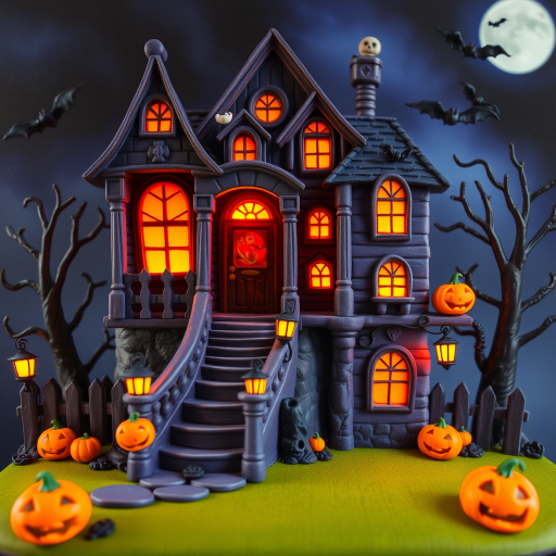 airbrushed oil painting, halloween theme, a haunted house, stairs, highly decorated, illuminated, lanterns, jack o'lantern, bats, webcobs