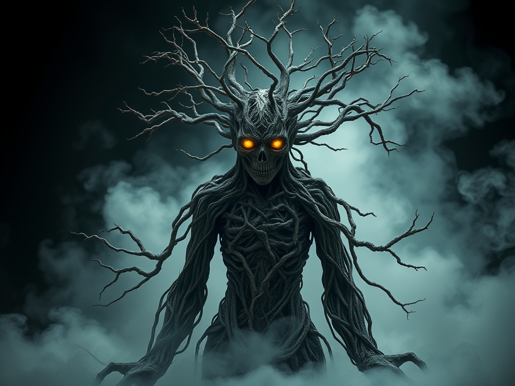 Create a highly detailed fantasy image of a humanoid figure made of twisted roots and branches, with glowing eyes emerging from a smoky, ethereal background, using a DSLR camera with a 50mm lens, aperture f/1.8, ISO 100, and a shallow depth of field for enhanced focus and dramatic effect.