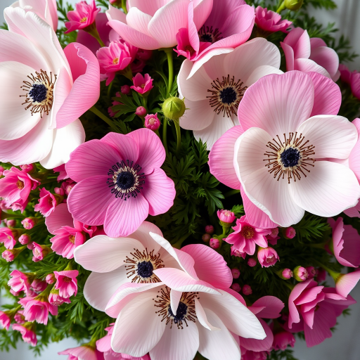 generate a vibrant floral arrangement featuring large white and pink anemones surrounded by green foliage and smaller pink flowers, taken with a DSLR camera, 50mm lens, f/2.8 aperture, ISO 100, top-down view, natural lighting, high-resolution for enhanced detail