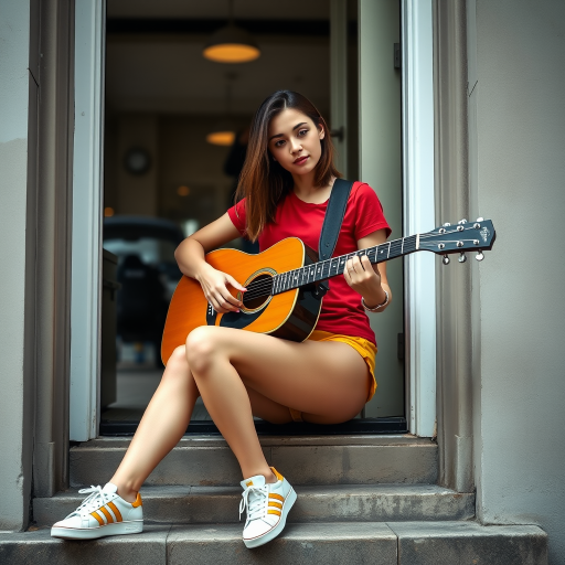 Ultra-realistic and very detailed image, high resolution and definition of a young woman, a rocker. She's sitting on the step of a doorway, with one leg stretched out, playing an acoustic guitar. The young woman is wearing a red T-shirt and yellow shorts. Adidas trainers. The door is glazed and mirrors the street.
