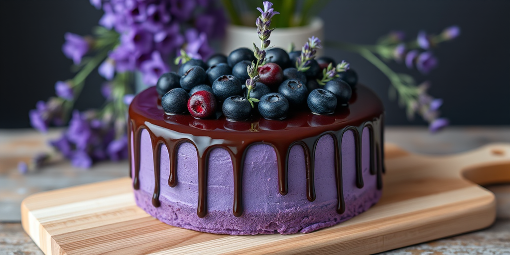 A beautifully crafted purple cake with a glossy chocolate drip, topped with fresh blueberries and lavender sprigs, sitting on a light wooden board with a backdrop of purple flowers in a vase.