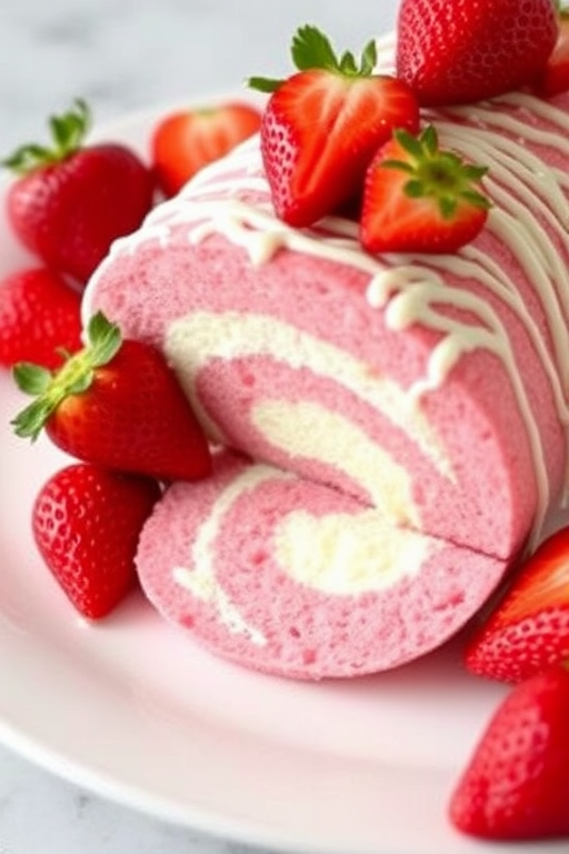 A delicious pink strawberry roll cake with creamy filling sliced on a white plate garnished with fresh strawberries and drizzled with white chocolate.