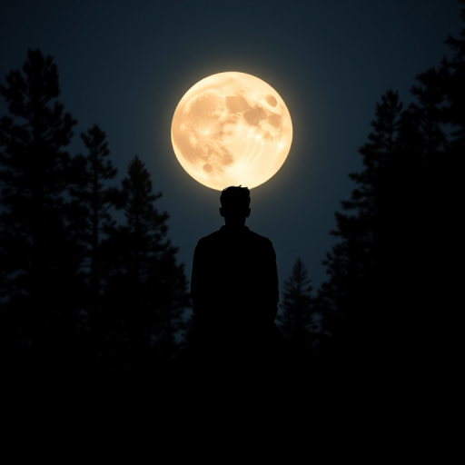 Create a high-resolution silhouette image of a person sitting on a rock with a large, bright full moon in the background surrounded by tall pine trees, shot with a Canon EOS 5D Mark IV at f/11, ISO 100, 1/60 sec, in a landscape orientation using a wide-angle lens.