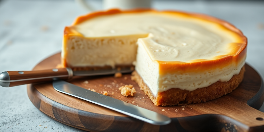 Create an image of a creamy cheesecake with a golden brown crust placed on a wooden serving board. The cheesecake should have a slice cut out, revealing its smooth texture inside. Include a knife resting beside the cheesecake and some crumbs scattered around. The background should be softly blurred to keep the focus on the cheesecake.