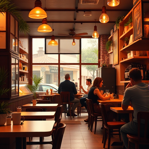 Generate a detailed illustration of a cozy coffee shop interior with warm lighting, wooden furniture, and patrons enjoying their drinks, captured with a Canon EOS 5D Mark IV, 50mm lens, f/1.8 aperture, ISO 400, at a low angle to create depth.
