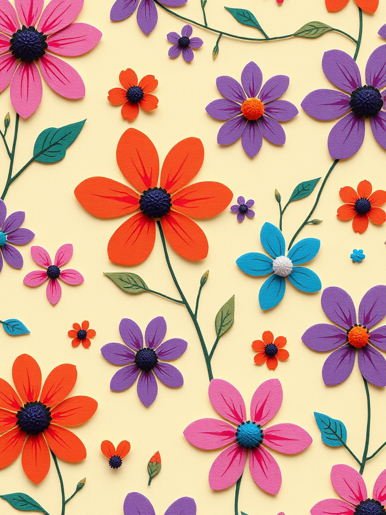 Create a vibrant floral pattern on a beige background featuring stylized flowers in pink, orange, purple, and blue, captured with a macro lens, aperture f/2.8, ISO 100, 50mm focal length, shot in natural light for enhanced color saturation and detail.