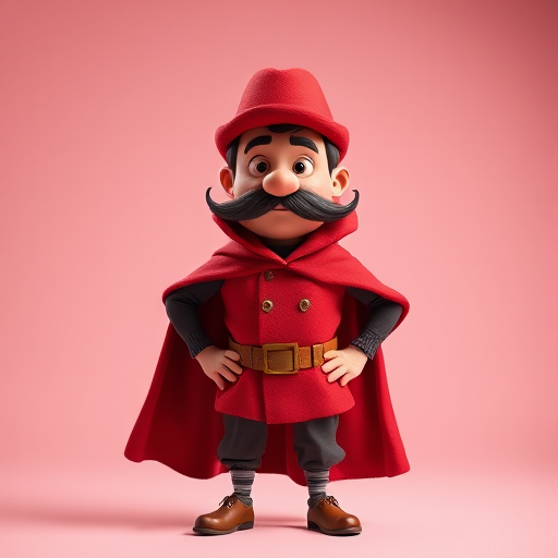 Create a high-resolution image of a cartoon character resembling a mustachioed man in a red cape and felt hat, standing with his hands on his hips, captured with a Canon EOS R5, 35mm lens, f/2.8 aperture, 1/200 sec shutter speed, in bright studio lighting.