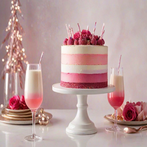 Generate an image of a beautiful layered cake with a smooth white top and a gradient frosting design transitioning from light pink to deep pink. The cake is displayed on a white pedestal stand, surrounded by elegant decorations and sparkling drinks. The background should have a festive atmosphere with subtle party decor elements.