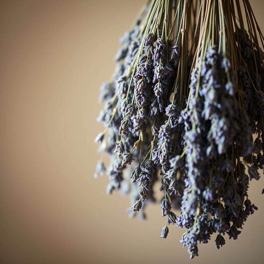 Still life of hanging dried lavender bundles, soft natural light, shallow depth of field, 50mm lens, f/2.8 aperture, ISO 100, focus on texture and detail, warm neutral background.