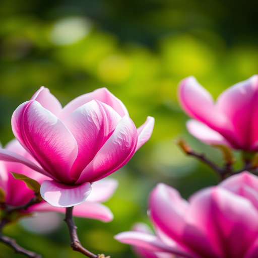 Generate a vibrant close-up image of magnolia flowers with a blurred background, using a DSLR camera, aperture f/2.8, shutter speed 1/200s, ISO 100, 50mm lens, soft natural light.