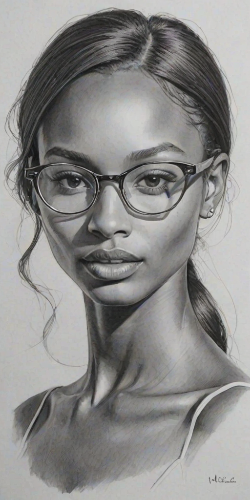 Sublime Jasmine Tookes, pencil sketch, portrait of Pleasing woman 1972s in glasses, hair style beatnik, outline, clear lines, fine lines, 8k