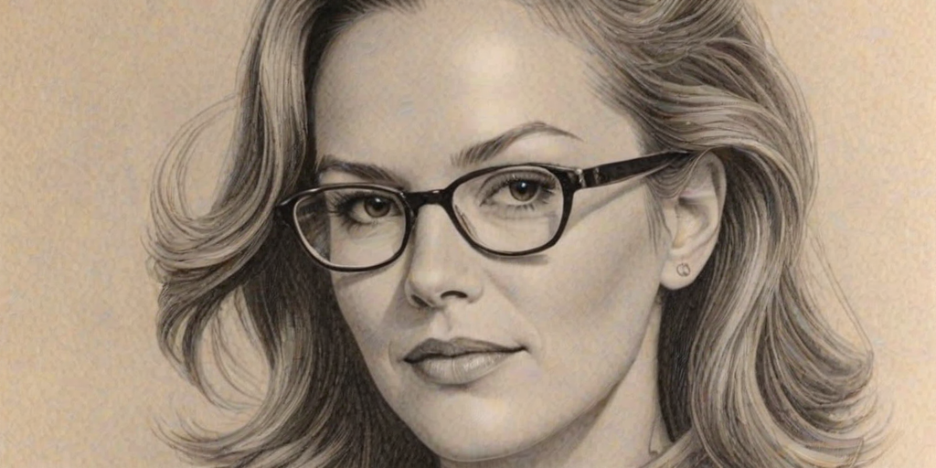 Captivating Diane Lane, pencil sketch, portrait of Exquisite woman 1935s in glasses, hair style beatnik, outline, clear lines, fine lines, 8k