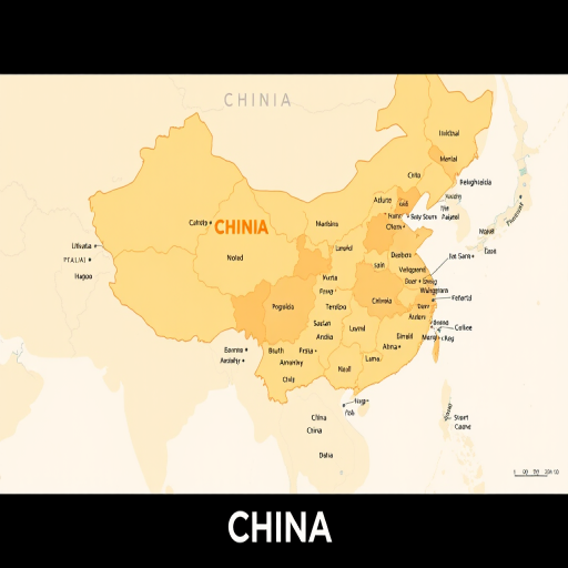 Create a detailed map of China showcasing its provinces in varying shades of yellow and orange, with clear borders, labeled provinces, and a bold title "CHINA" at the bottom, captured with a DSLR camera in landscape orientation, using a focal length of 35mm, aperture set to f/8 for sharp depth of field, and ISO 100 for high image quality.