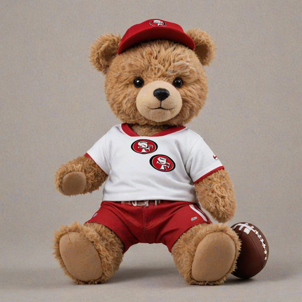 A cute and fluffy teddy bear dressed in a San Francisco 49ers-themed outfit, wearing a red cap with the 49ers logo, aviator sunglasses, and a white football jersey with red accents. The bear is also wearing casual jeans and red and white sneakers, while sitting in a relaxed pose with a football beside it. The teddy bear has a cool, laid-back attitude, with a sporty vibe. The background is clean and minimal, highlighting the bear as the main focus.