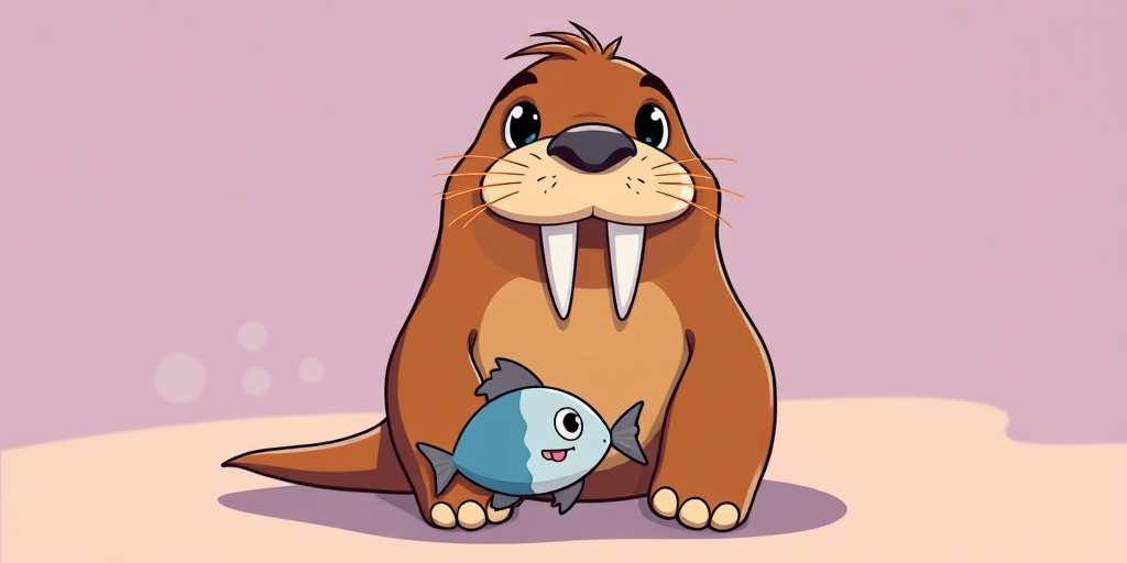 create a cartoon-style illustration of a cheerful walrus sitting with a small fish in front of it, bright colors, high resolution, shot with a DSLR camera at f/4 aperture, 50mm lens, in natural daylight to capture vivid details evoking a playful atmosphere