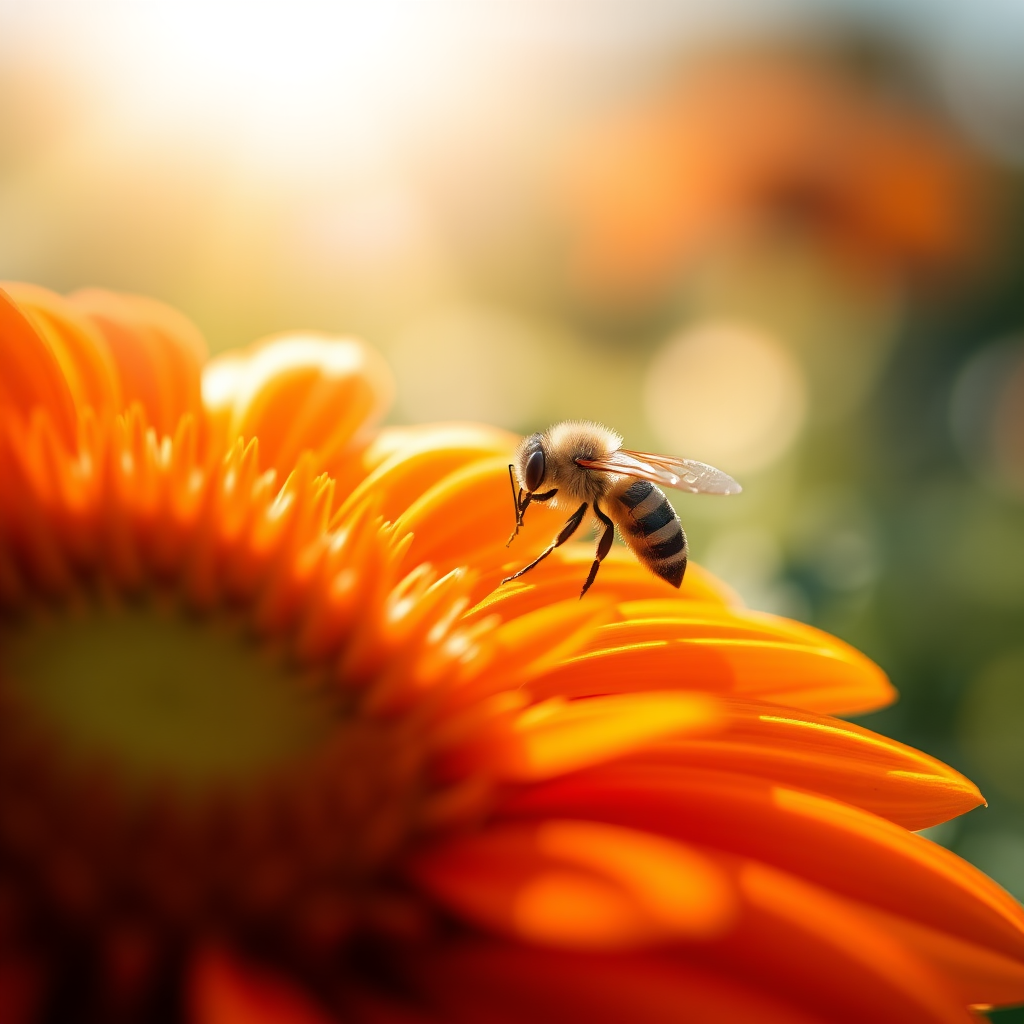 close-up shot of a vibrant orange flower with a bee on its petals, macro lens, f/2.8 aperture, ISO 100, 1/200 sec shutter speed, natural sunlight, DSLR camera, shallow depth of field, vivid colors
