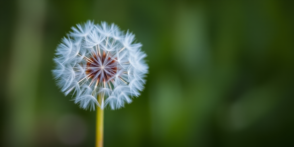 macro shot of a dandelion puffball with a blurred green background, f/2.8 aperture, ISO 100, 50mm lens, natural light, DSLR camera, focus on the dandelion details