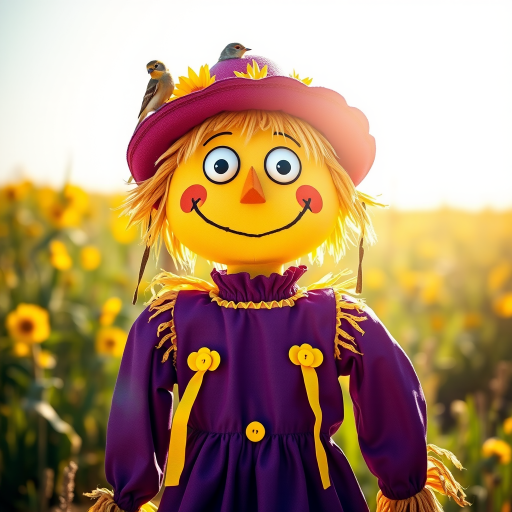 Create an image of a cheerful scarecrow with a purple dress and yellow accents, featuring big googly eyes and a smiling face, standing in a sunny field with two small birds perched on its shoulders, using a DSLR camera at 50mm, f/2.8 aperture, ISO 100, natural lighting, and a shallow depth of field for a vibrant and detailed look.