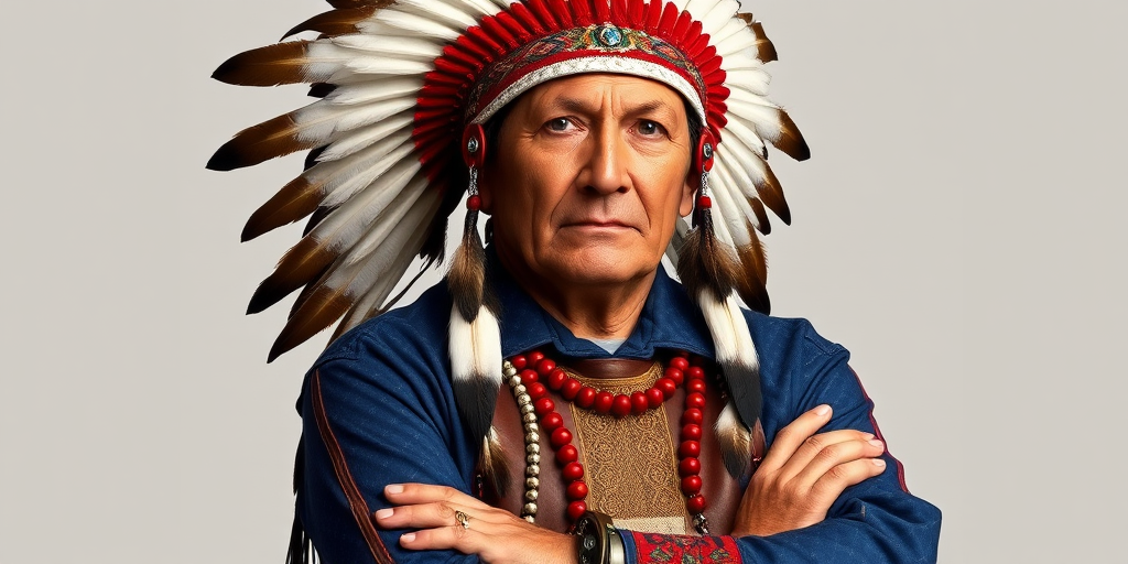 Create a dignified portrait of a Native American man dressed in traditional attire. He wears a beautifully crafted headdress adorned with white feathers and red beads, along with a beaded headband featuring intricate patterns. His clothing includes a deep blue, patterned shirt and a traditional chest piece with detailed beadwork. His arms are crossed, displaying leather armbands decorated with feathers. The background is simple and neutral, emphasizing his proud and stoic expression. The overall image captures the rich cultural heritage and strength of his persona.
