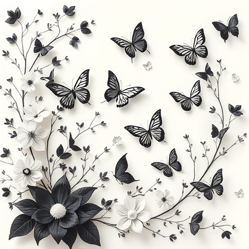 Create an elegant floral design featuring a variety of butterflies in shades of black and white. Include intricate paper-like flowers and branches, blending realistic and abstract elements. The overall composition should have a soft, dreamy background with a harmonious balance of light and dark tones.