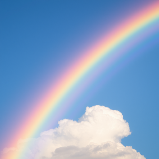 Create a vibrant rainbow arching across a clear blue sky with fluffy white clouds at the bottom, using a DSLR camera with a 50mm lens, aperture set to f/2.8, ISO 100, and a soft focus effect for depth.