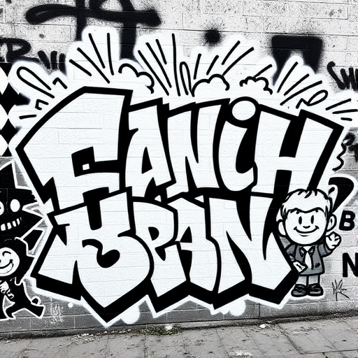 Create a vibrant black and white graffiti art piece featuring dynamic text and cartoon characters with bold outlines, using a DSLR camera with a 50mm lens, f/2.8 aperture, 1/200 sec shutter speed, and shot from a slightly elevated angle to capture depth and detail in street art style.