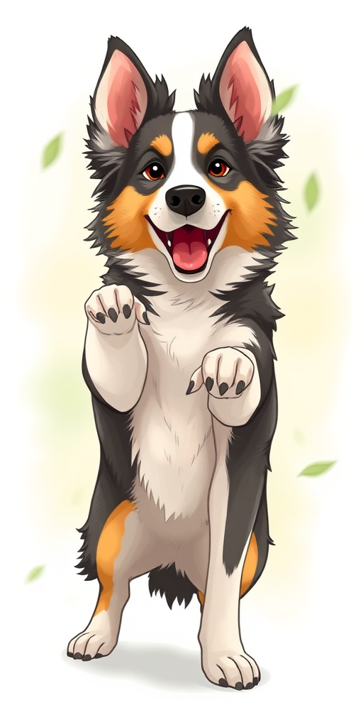 Illustration of a collie dog in a playful stance, captured with a DSLR camera at 50mm focal length, f/1.8 aperture, ISO 100, with a soft focus background and natural light, showcasing detailed fur textures and expressive eyes.