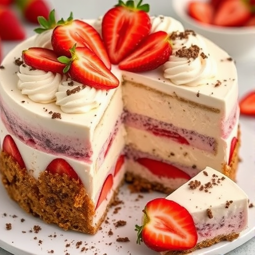 Create an image of a delicious multi-layered cheesecake with a creamy white and pink filling topped with fresh strawberries and whipped cream. The cake has a crumbly crust and is garnished with crushed cookies. Showcase a slice of the cake partially removed to reveal the layers inside, and include a soft-focus background with additional strawberry slices.
