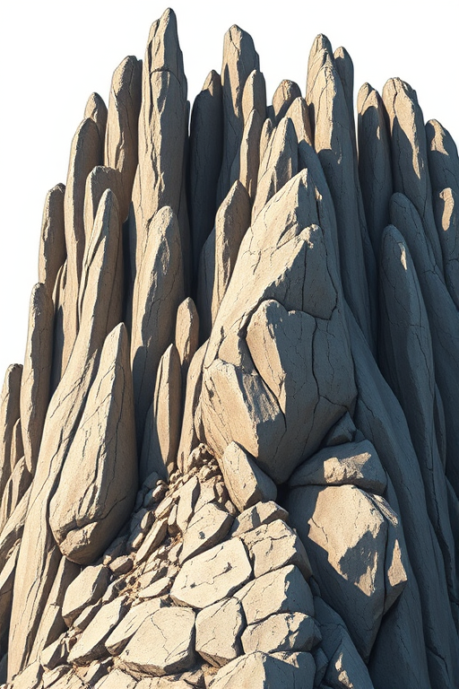 Create a highly detailed illustration of a rocky formation resembling a cluster of tall, jagged stones with varying textures and shadows, captured with a DSLR camera at f/8 aperture, ISO 100, 24mm focal length, in natural lighting for enhanced depth and realism.