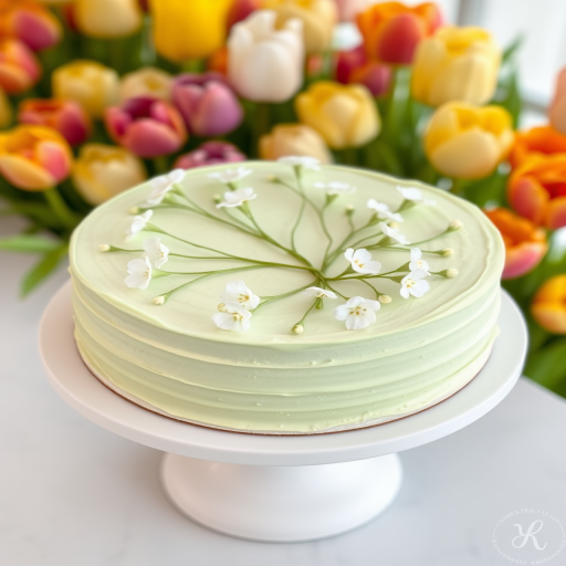 A beautifully decorated cake with a light green frosting featuring delicate white flowers and green stems, displayed on a white round cake stand, with a blurred background of colorful tulips.