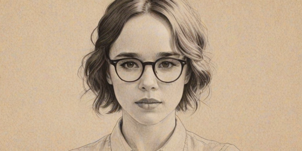 Fascinating Ellen Page, pencil sketch, portrait of Splendid woman 1932s in glasses, hair style beatnik, outline, clear lines, fine lines, 8k