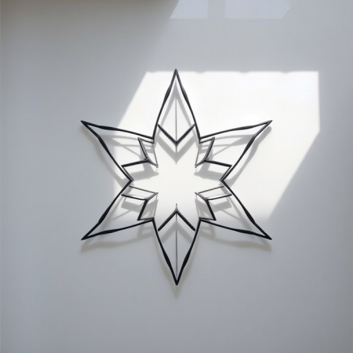 Generate an image of a geometric star made of interconnected hexagons, using a DSLR camera with a 50mm lens, aperture set to f/8, ISO 100, shot in natural lighting from a top-down view, with a clean and minimalistic background for clarity.
