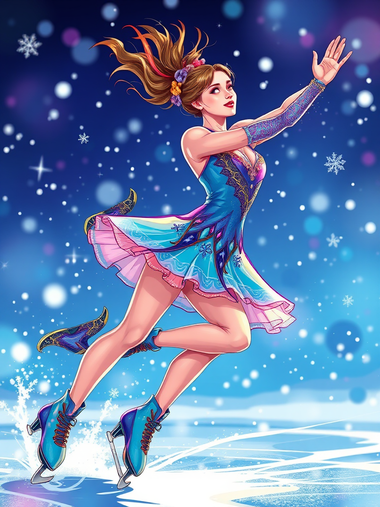 Create a vibrant and colorful illustration of a female ice skater in a dynamic pose, with intricate details on the costume, snowflakes in the background, using a digital painting style, shot from a low angle perspective to accentuate movement, with high-resolution settings (32MP), wide aperture (f/1.8) for a blurred background effect, and bright color saturation for enhanced visual impact.