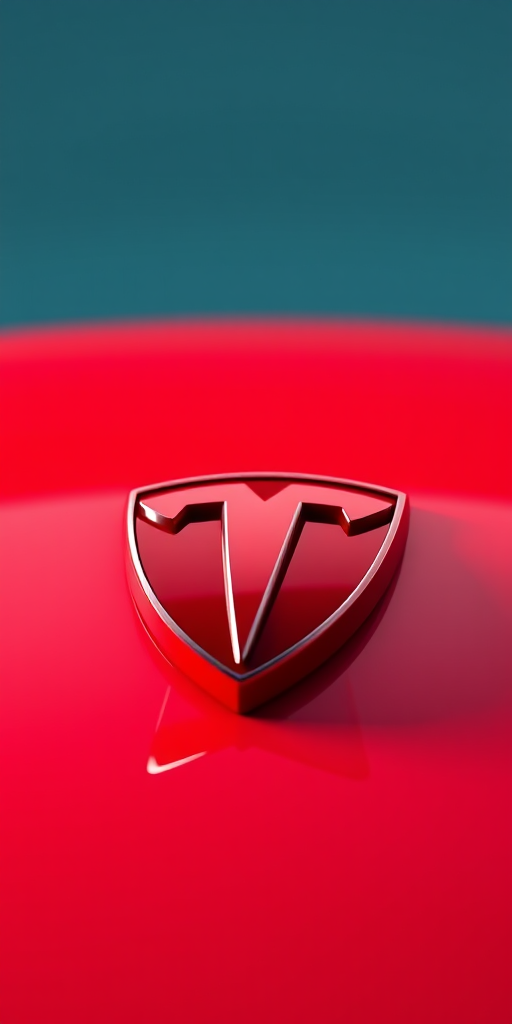 Create a high-resolution 3D render of a glossy red Tesla logo on a vibrant red background, using a DSLR camera with a 50mm lens, f/1.8 aperture, ISO 100, and a shallow depth of field to enhance focus on the logo while softly blurring the background.