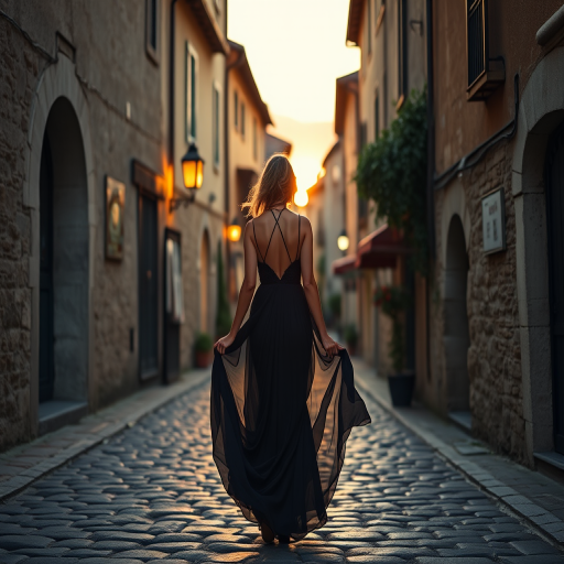 A beautifully dressed woman in a flowing dark gown walking through a quaint, cobblestone village at sunset, with soft, warm lighting and vibrant colors, shot with a Canon EOS R5, 35mm lens, f/1.8 aperture, ISO 100, in a wide-angle view with a soft-focus background for depth.