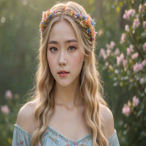 Create an image of a young Korean woman with long, wavy blonde hair, adorned with small, colorful flowers woven into her braids and loose strands. Her complexion is fair, with soft, glowing skin, and she has light blue eyes that gaze softly at the viewer. She wears a light, flowing dress with a gentle, ethereal quality, complementing her delicate and serene appearance. The background is slightly blurred, drawing focus to her tranquil expression and the intricate details of the flowers in her hair. The overall mood of the image is one of natural beauty and grace, evoking a sense of peacefulness and connection with nature.