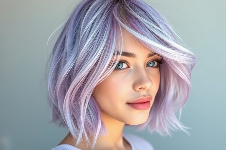 Soft lavender lob with loose beachy waves, subtle root shadow for depth, effortlessly tousled styling exuding a carefree and youthful vibe