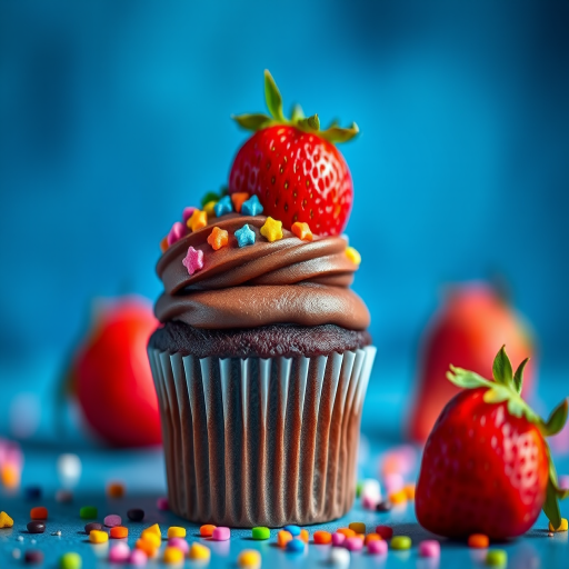 Create a vibrant and high-resolution image of a chocolate cupcake topped with colorful star sprinkles and a fresh strawberry, using a 50mm lens, f/2.8 aperture, ISO 100, natural lighting, and a shallow depth of field with a slight tilt-shift effect for artistic flair.
