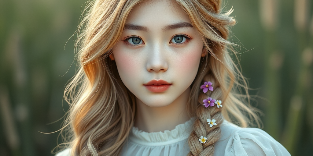 Create an image of a young Korean woman with long, wavy blonde hair, adorned with small, colorful flowers woven into her braids and loose strands. Her complexion is fair, with soft, glowing skin, and she has light blue eyes that gaze softly at the viewer. She wears a light, flowing dress with a gentle, ethereal quality, complementing her delicate and serene appearance. The background is slightly blurred, drawing focus to her tranquil expression and the intricate details of the flowers in her hair. The overall mood of the image is one of natural beauty and grace, evoking a sense of peacefulness and connection with nature.