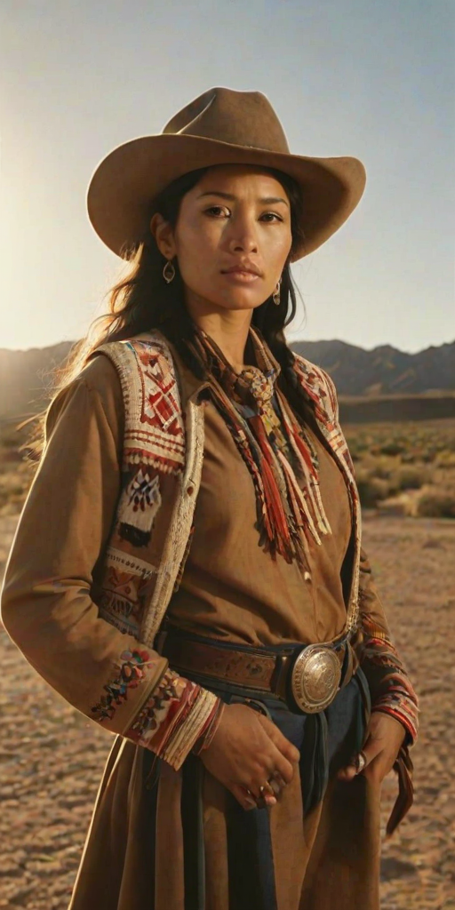 Dramatic photo of a beautiful Quechua woman, classic cowboy attire, confident and free spirit expression, half-length portrait, centered, golden hour desert landscape, warm, diffused light, low angle, medium format film camera, in style of Annie Leibovitz.