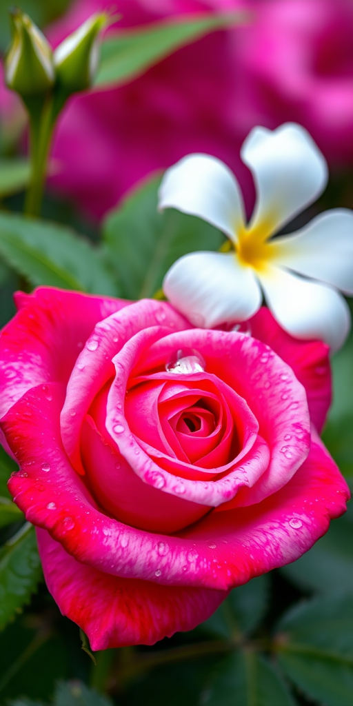 Create a high-resolution image of a vibrant pink rose with water droplets, accompanied by a white flower and green leaves, using a macro lens at f/2.8, 50mm focal length, taken in natural light with a shallow depth of field to enhance detail and color saturation.