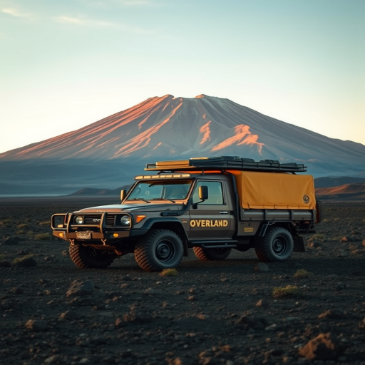 Create an image of an overland expedition truck parked on a volcanic landscape with a prominent mountain in the background, captured with a Canon EOS R5, 24mm lens, f/8 aperture, ISO 100, during golden hour for enhanced colors and contrast.