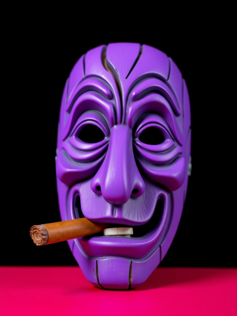 Create a vibrant cartoon-style image of a purple wooden mask with exaggerated facial features and a cigar, set against a solid black background; use a Canon EOS R5 camera with a 50mm f/1.2 lens, aperture set to f/2.8, ISO 100, and a shutter speed of 1/125s, maintaining a shallow depth of field.