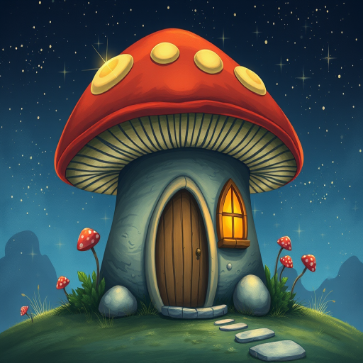create illustration of a mushroom house with a door and a window, a storybook , fantasy art, mushroom house, bg starry sky, sparkles