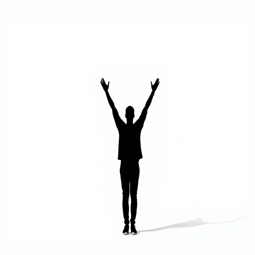 Generate a minimalist black silhouette of a person standing with their arms raised on a plain white background, using a DSLR camera with a 50mm f/1.8 lens, aperture set to f/2.8, ISO 100, and shutter speed of 1/250 sec, captured from a frontal view in natural daylight for enhanced clarity.